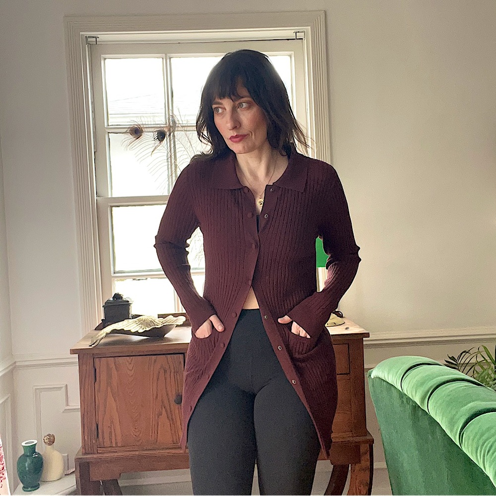 LIVE THE PROCESS long ribbed Tuxedo Cardigan sweater in burgundy wine red S